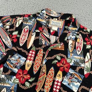 Kalaheo Men's Button Down‎ Shirt Medium Black Surfboards AOP Hawaiian USA